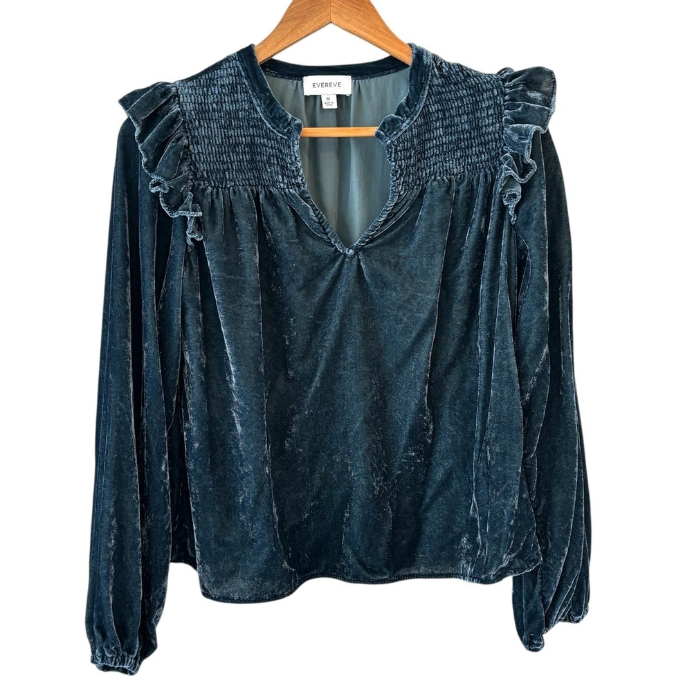 Evereve Womens Velvet Smocked Ruffle Top Size M Blue Long Sleeve Party Blouse